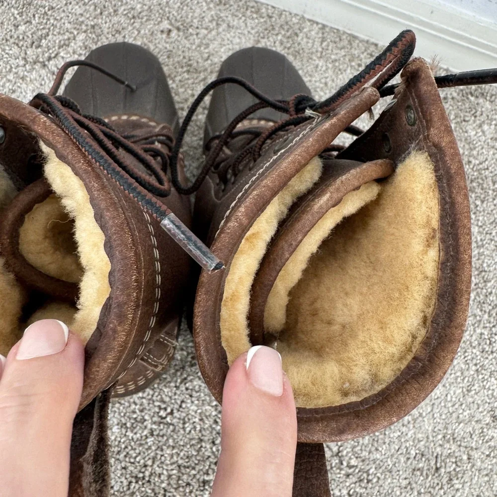 LL Bean Duck Boots Womens 8W Shearling Lined 10 Inch Leather Brown Made in USA